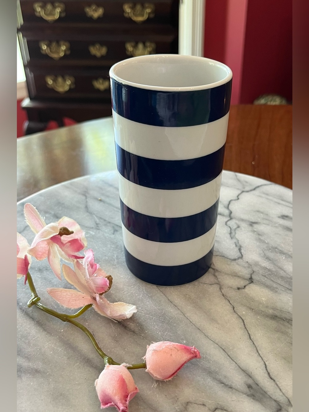 West Elm Nautical Blue & White Striped Ceramic Bud Vase / Bathroom Tumbler